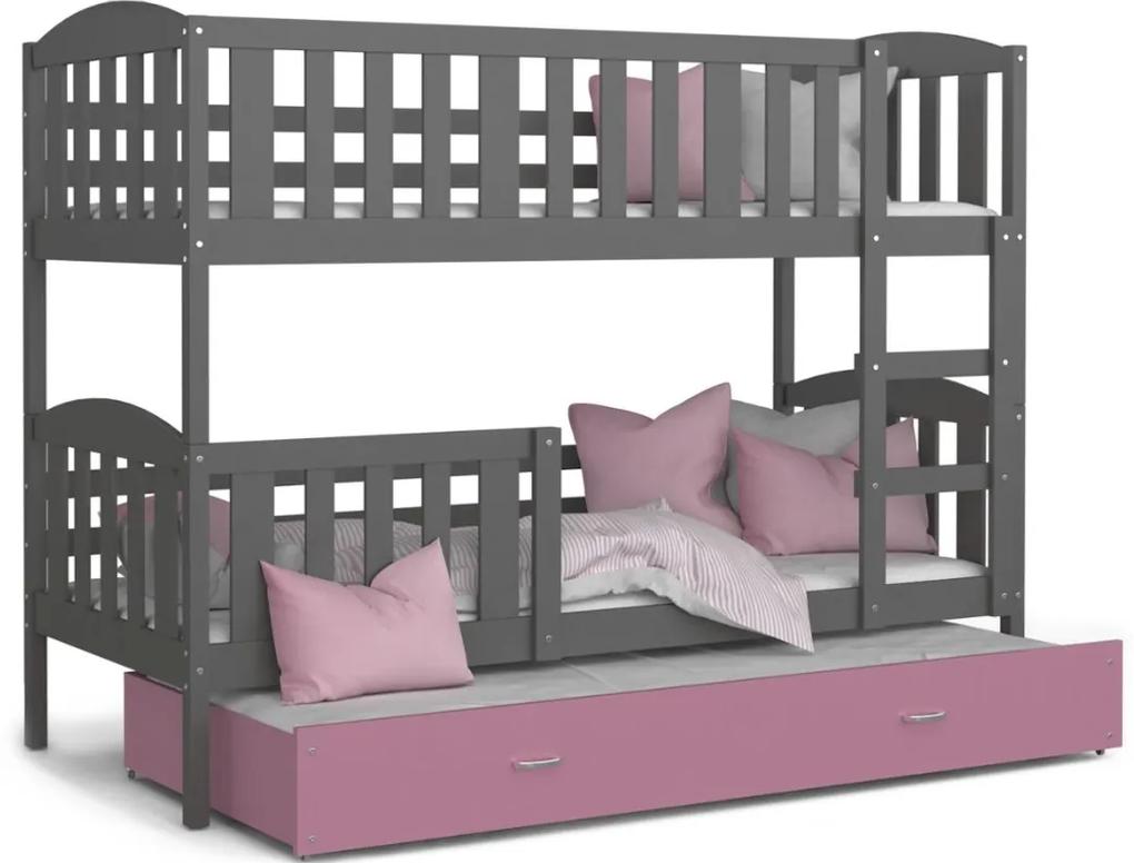 Expedo Pat supraetajat copii cu pat suplimentar KUBA 3 COLOR + saltea + somieră GRATIS, 190x80, gri/roz
