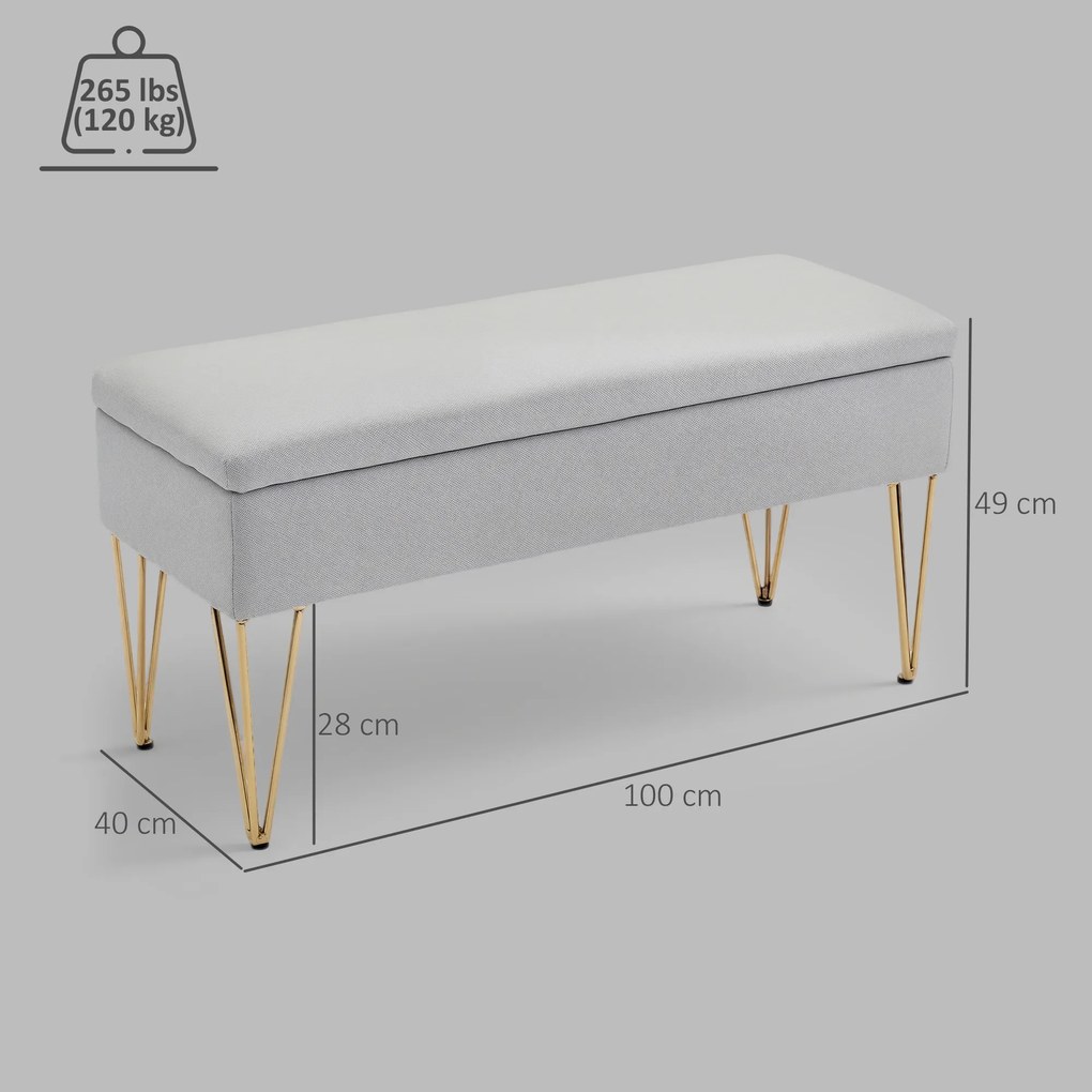 HOMCOM Bancă cu Depozitare din Material Textil și Picioare din Oțel, 100x40x49 cm, Gri Deschis | Aosom Romania