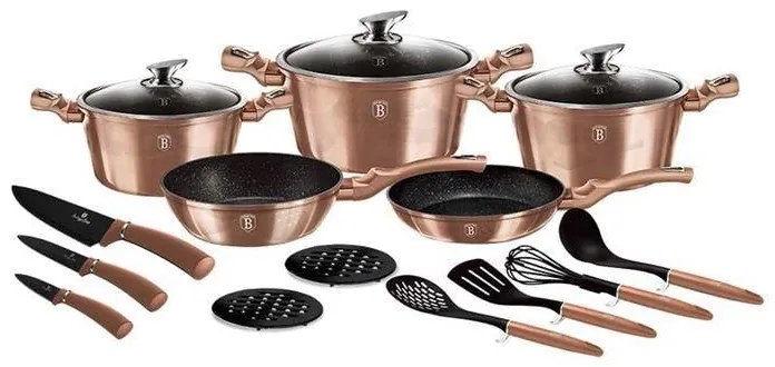 Set oale si tigai marmorate cu capac 17 piese, antiaderente, Rose Gold Berlinger Haus BH 6161
