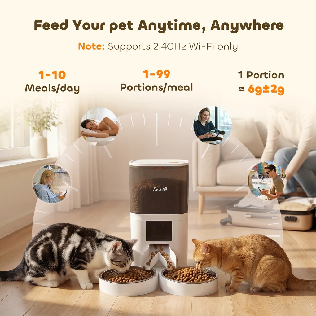 PawHut Distribuitor Automat Hrană Pisici 6L WiFi 2.4G, Control prin Aplicație cu Timer, 1-10 Mese pe Zi, Înregistrare 10s, 2 Boluri din Oțel Inoxidabil | Aosom Romania