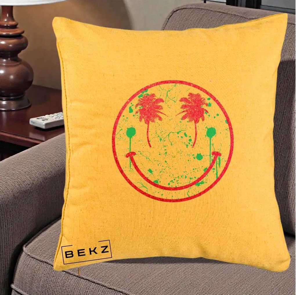 Perna Decorativa Smiley Face Tropical Glitter Roz, 40x40 cm, Galben, Husa Detasabila, Perna Inclusa, BEKZ®