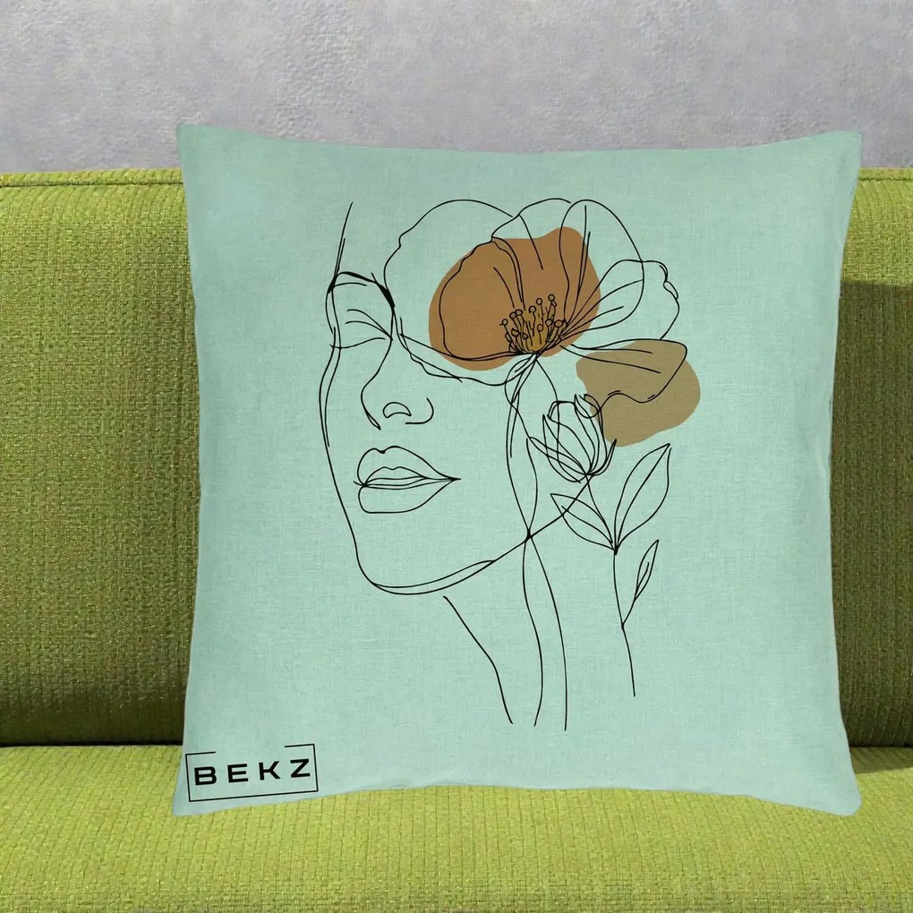 Perna Decorativa Portret Feminin Mac Profilat, 40x40 cm, Verde Menta, Husa Detasabila, Perna Inclusa, BEKZ®