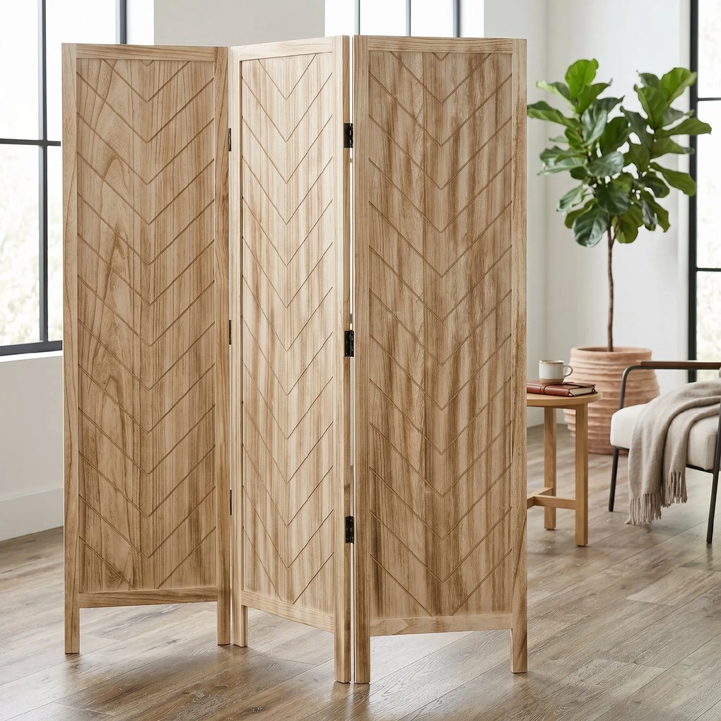 HOMCOM Separator de Cameră cu 3 Panouri, Ecran de Confidențialitate Pliabil Portabil pentru Interior din Lemn Masiv, Despărțitor de Perete, 120x170x1.6 cm, Natural