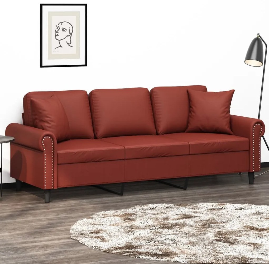 3153183 vidaXL Canapea cu 3 locuri cu perne&pernuțe roșu vin 180 cm piele eco
