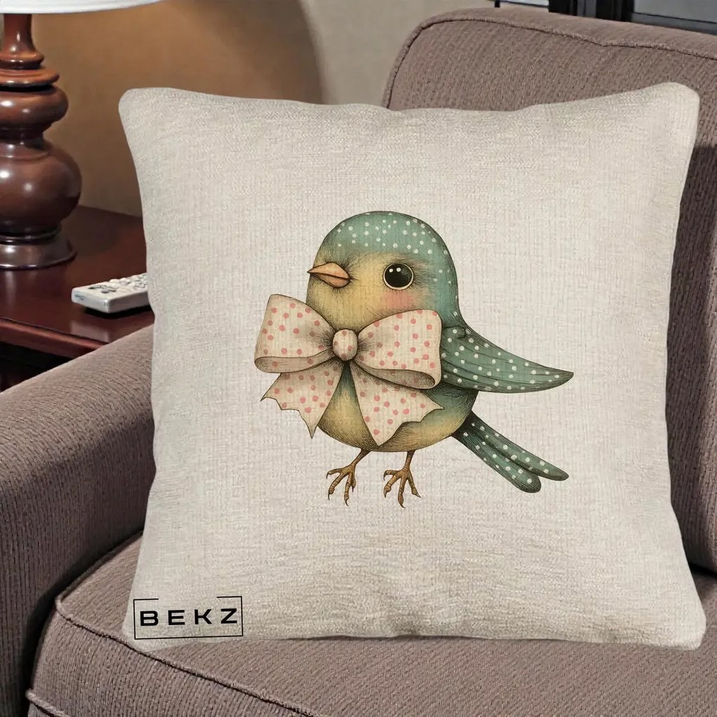 Perna Decorativa Pasare Teal cu Fundita cu Buline, 40x40 cm, Bej Canapea, Husa Detasabila, Perna Inclusa, BEKZ®