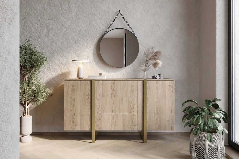 Comoda Verica 150 cm cu trei sertare - stejar / picioare aurii
