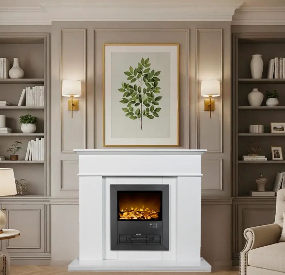Semineu electric cu mască MDF, flacără LED, bușteni decorativi, sunet lemne, termostat, timer, telecomandă, Alb