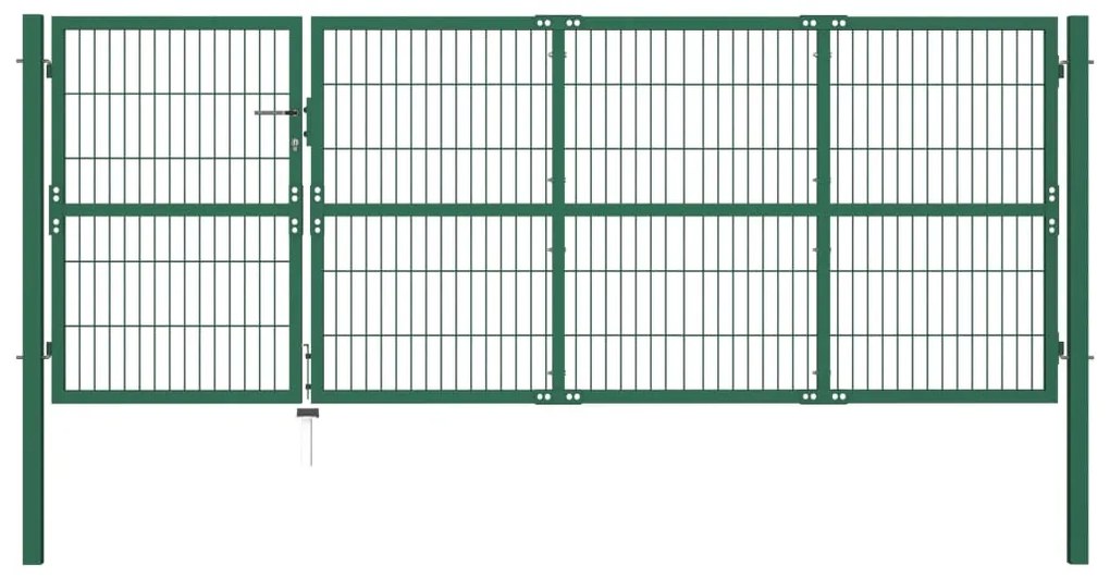 vidaXL Poartă gard de grădină cu stâlpi, verde, 350 x 120 cm, oțel