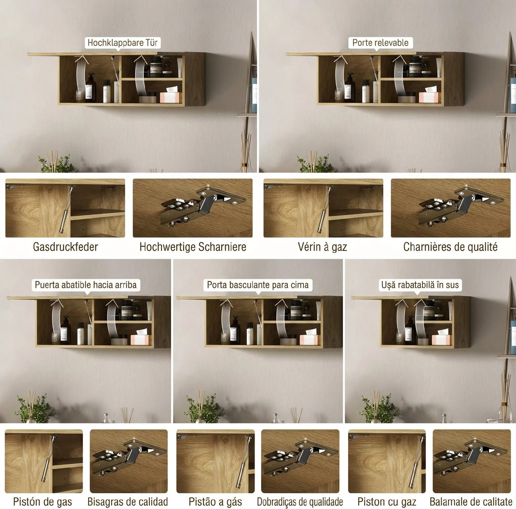 HOMCOM Dulap de Baie Suspendat cu Ușă Rabatabilă și Rafturi din Lemn, 80x25x30 cm, Natural | Aosom Romania