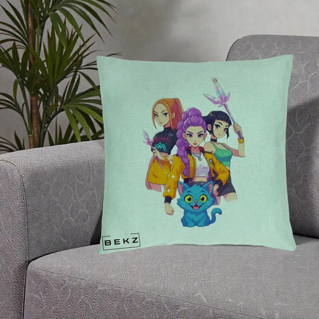 Perna Personalizata K-pop HUNTRX Trio cu Pisica si Cristale, 40x40 cm, Verde Menta, Husa Detasabila, Perna Inclusa, BEKZ®