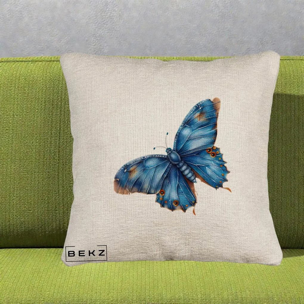 Perna Decorativa Fluture Albastru Satin cu Pete Aurii, 40x40 cm, Bej Canapea, Husa Detasabila, Perna Inclusa, BEKZ®