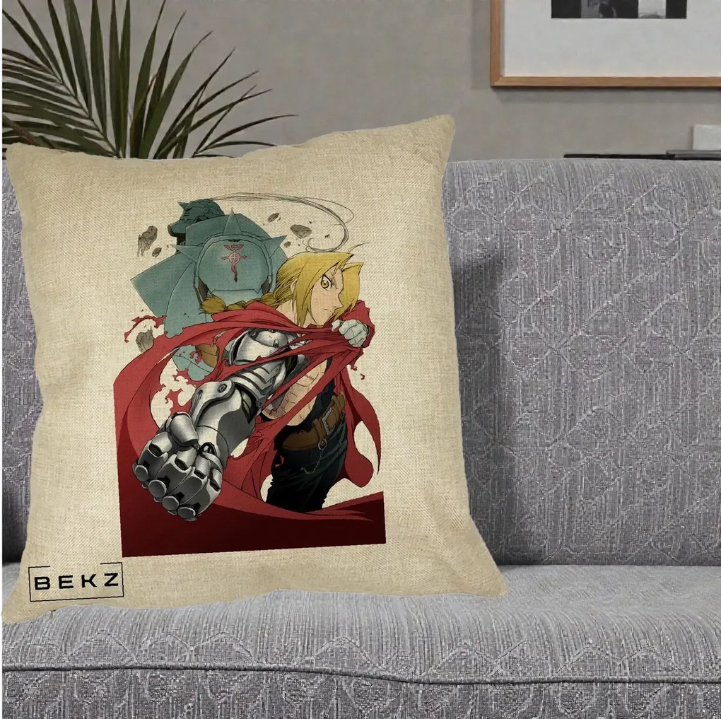 Perna Personalizata Fullmetal Alchemist Brotherhood Edward si Al Poster, 40x40 cm, Crem, Husa Detasabila, Perna Inclusa, BEKZ®