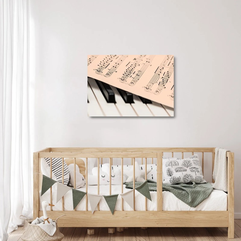 Tablou pe sticlă cu pian și notele muzicale (70x50 cm)