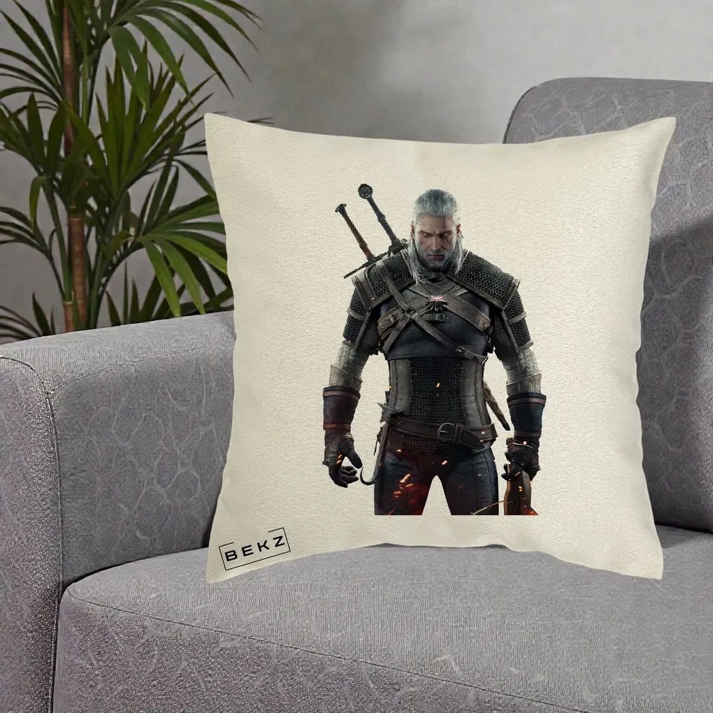 Perna Personalizata The Witcher Geralt of Rivia Portret, 40x40 cm, Ecru, Husa Detasabila, Perna Inclusa, BEKZ®