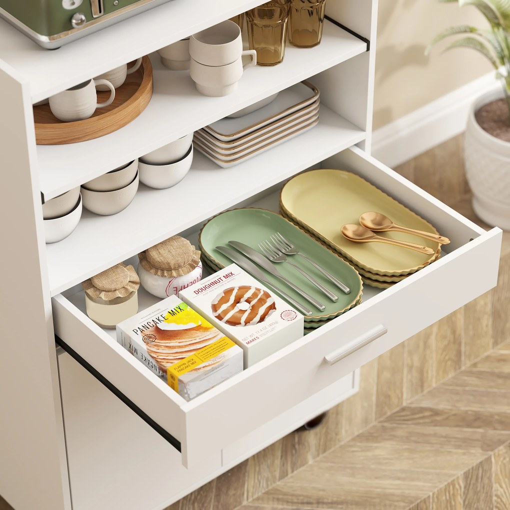 HOMCOM Dulap pentru cuptor cu microunde, raft, dulap cu uși duble, sertar, role, Alb | Aosom Romania