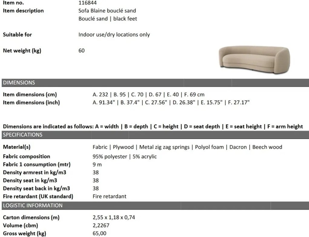 Canapea curbata design LUX Blaine, boucle sand