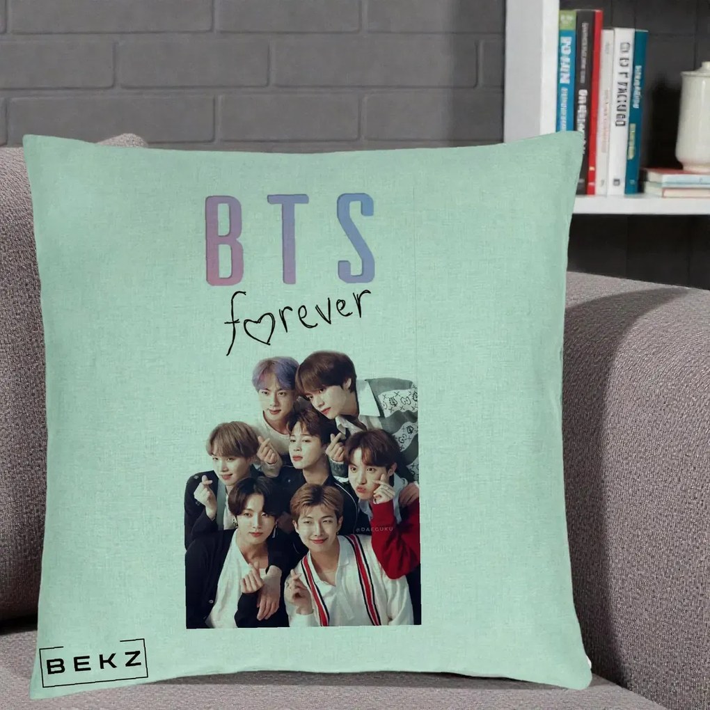 Perna Personalizata K-pop BTS Forever cu Foto Grup Negru, 40x40 cm, Verde Menta, Husa Detasabila, Perna Inclusa, BEKZ®