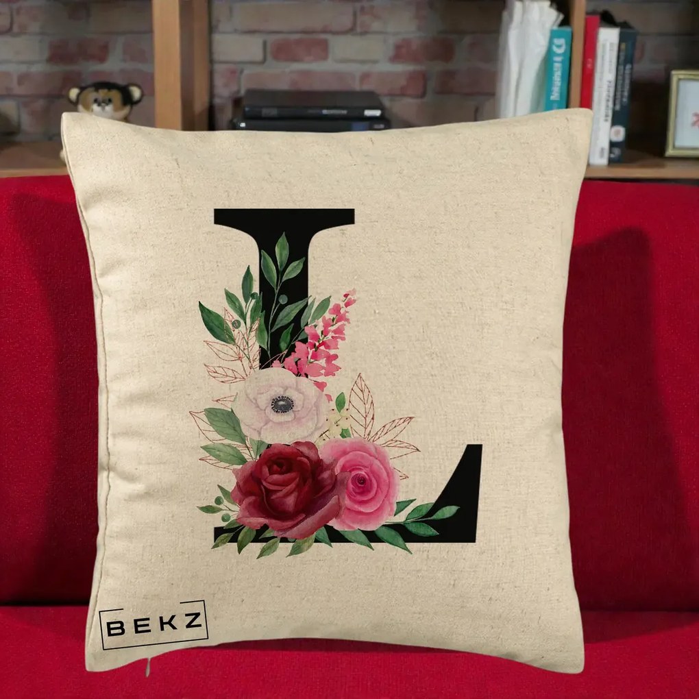 Cadou Personalizat - Perna Personalizata Monograma Florala Litera L, 40x40 cm, Bej, Husa Detasabila, Perna Inclusa, BEKZ®
