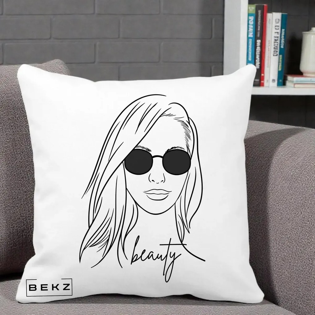 Perna Decorativa Beauty Girl Line Art, 40x40 cm, Alba Mata, Husa Detasabila, Perna Inclusa, BEKZ®