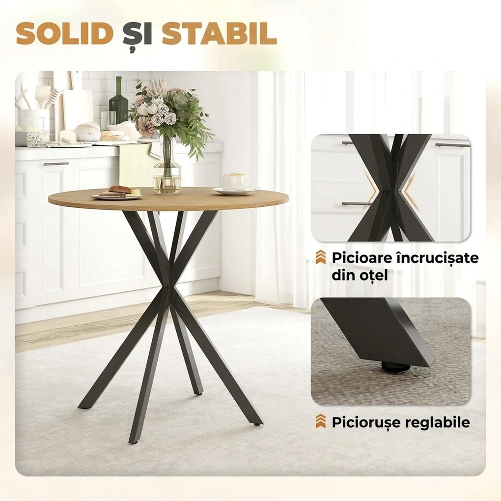 HOMCOM Masă Rotundă de Dining Industrială 80cm - Stejar Alb | Aosom Romania