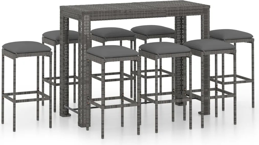 vidaXL Set mobilier bar de grădină cu perne, 9 piese, gri, poliratan