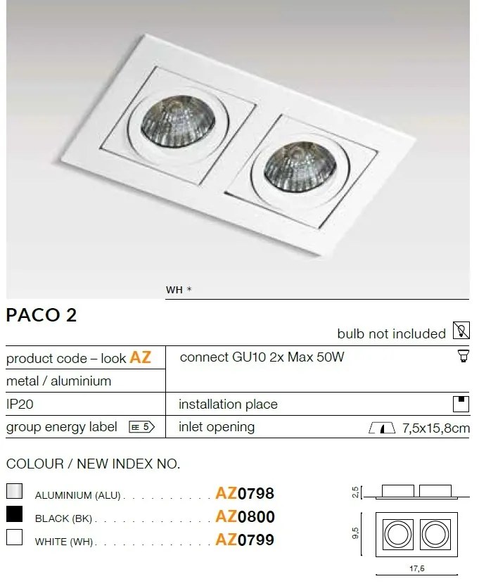 Spot incastrat tavan/plafon PACO 2 aluminiu