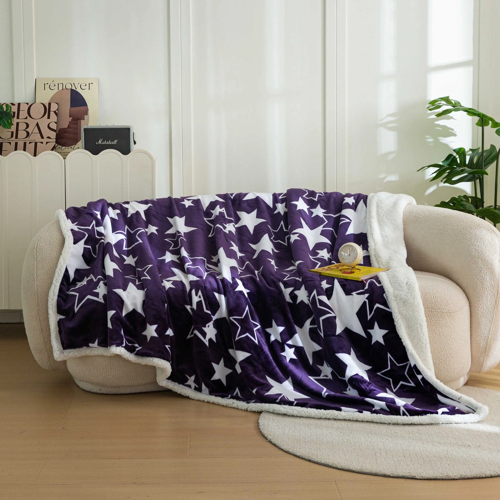 Patura miel din microplus de Craciun STARS violet Dimensiune: 200 x 220 cm