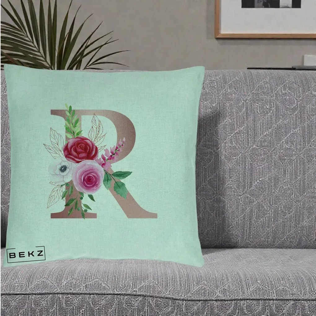 Cadou Personalizat - Perna Personalizata Monograma Rose Gold Litera R, 40x40 cm, Verde Menta, Husa Detasabila, Perna Inclusa, BEKZ®