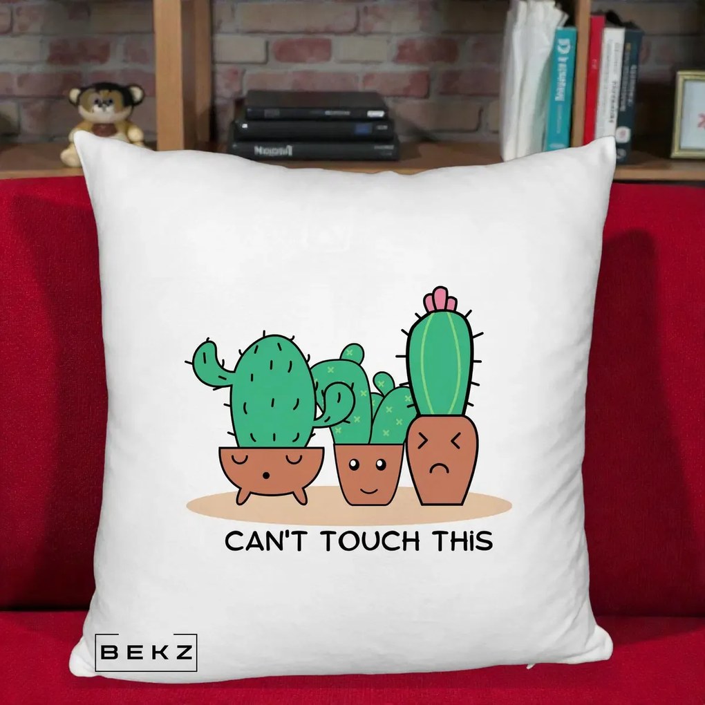 Perna Decorativa Cactus Funny Can't Touch This, 40x40 cm, Alb Pufos, Husa Detasabila, Perna Inclusa, BEKZ®