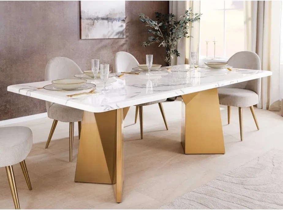 Masa design modern, Metal, Auriu, Marmura, Alb, EXTRAVAGANCIA 200cm, A-45929 VC