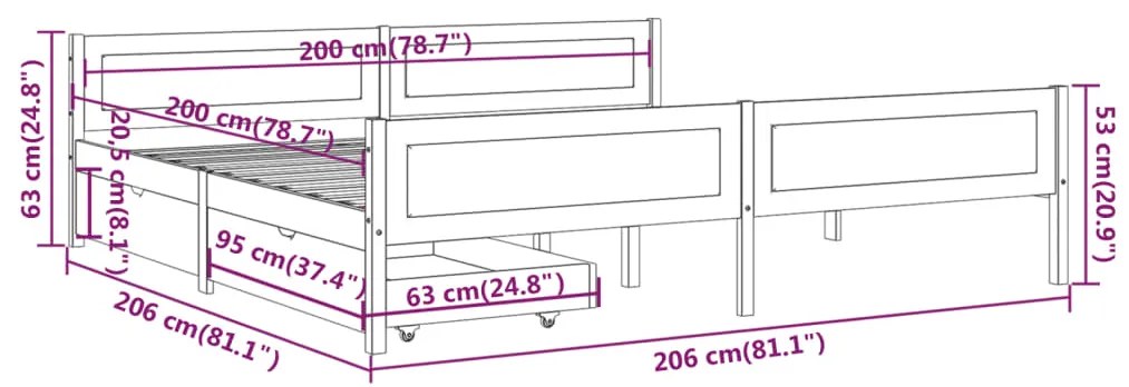 Cadru de pat cu 2 sertare maro miere 200x200 cm lemn masiv pin maro miere, 200 x 200 cm, 2 Sertare