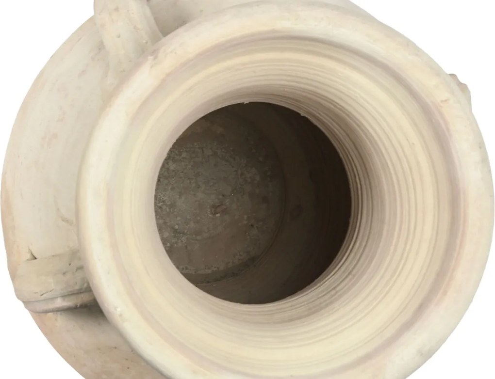 Vas decorativ amforă din teracotă artizanală, finisaj craft brut alb-crem, cu 4 anse, 54×54×100 cm, „Jerba"