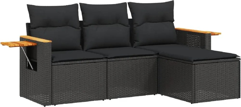 vidaXL Set mobilier de grădină cu perne, 4 piese, negru, poliratan