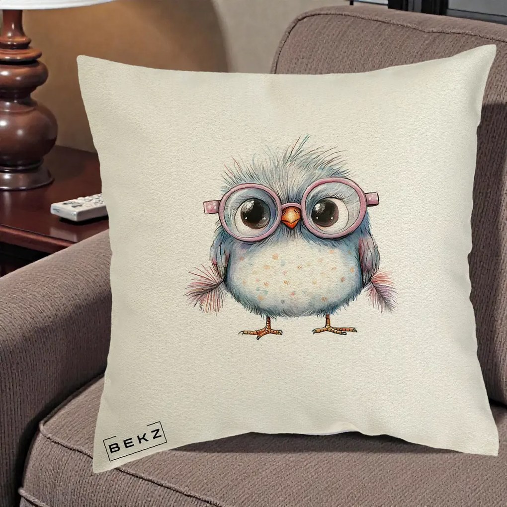 Perna Decorativa Pui Pufos cu Ochelari Roz, 40x40 cm, Ecru, Husa Detasabila, Perna Inclusa, BEKZ®