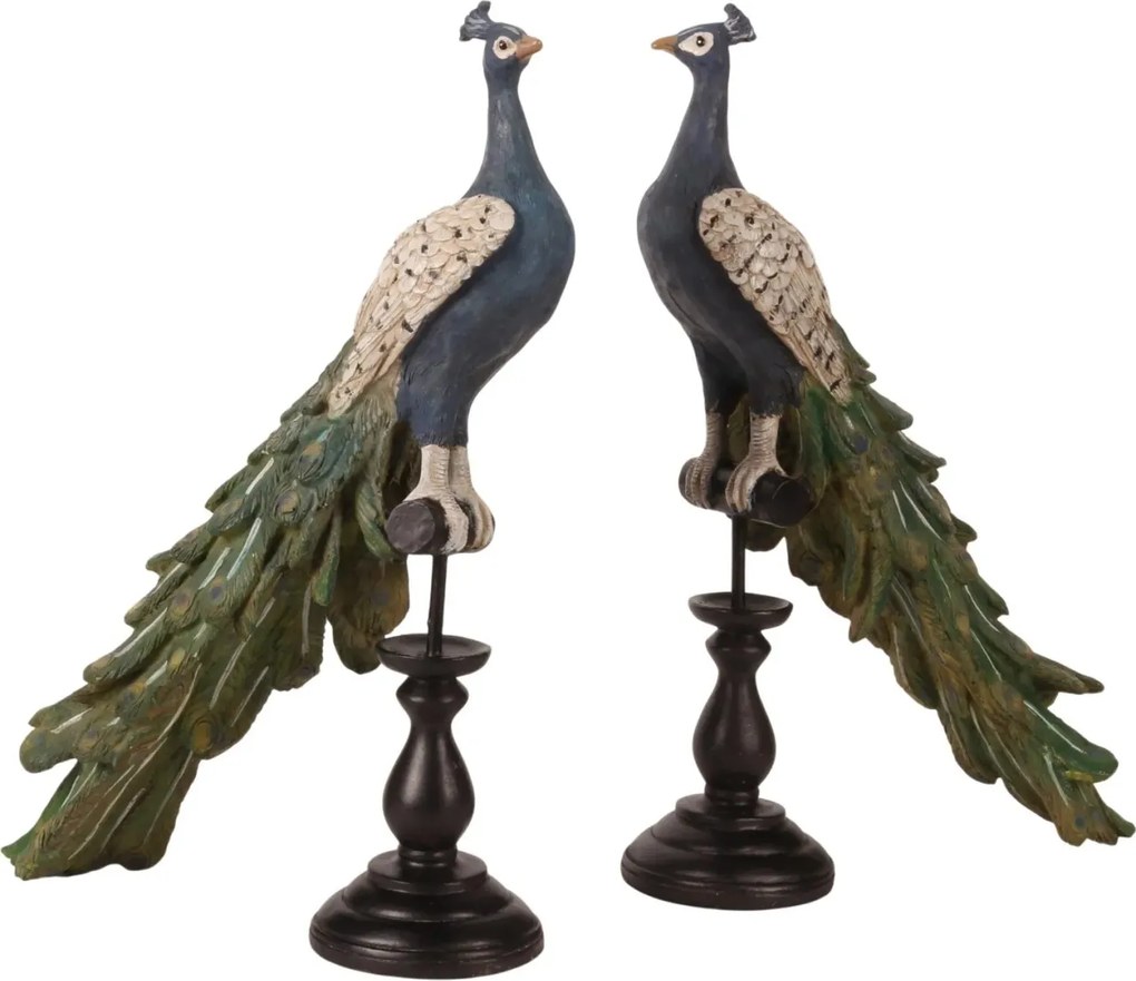 Statuetă decorativă din polirășină, albastru, păun pe bază, finisaj antichizat, 41 x 26 x 11 cm, „Paon”