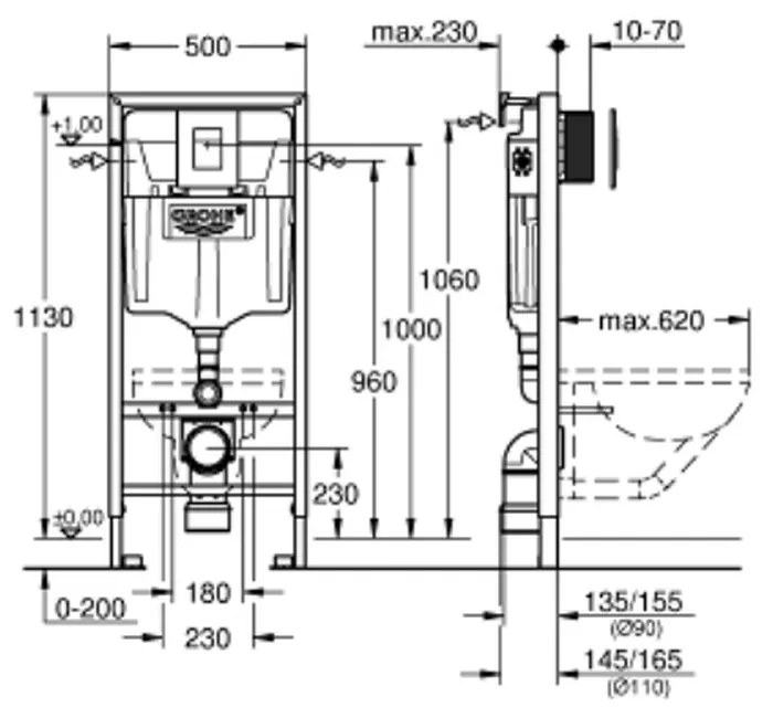 Set de instalare incastrata pentru WC suspendat, inaltime 1,13 m, clapeta actionare Skate Cosmopolitan, crom