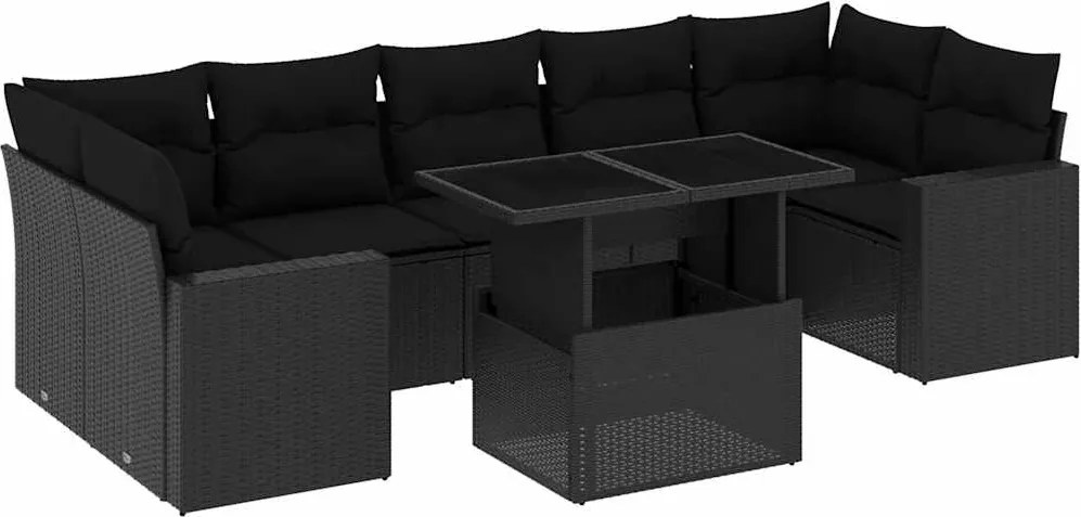 vidaXL Set mobilier de grădină cu perne, 8 piese, negru, poliratan