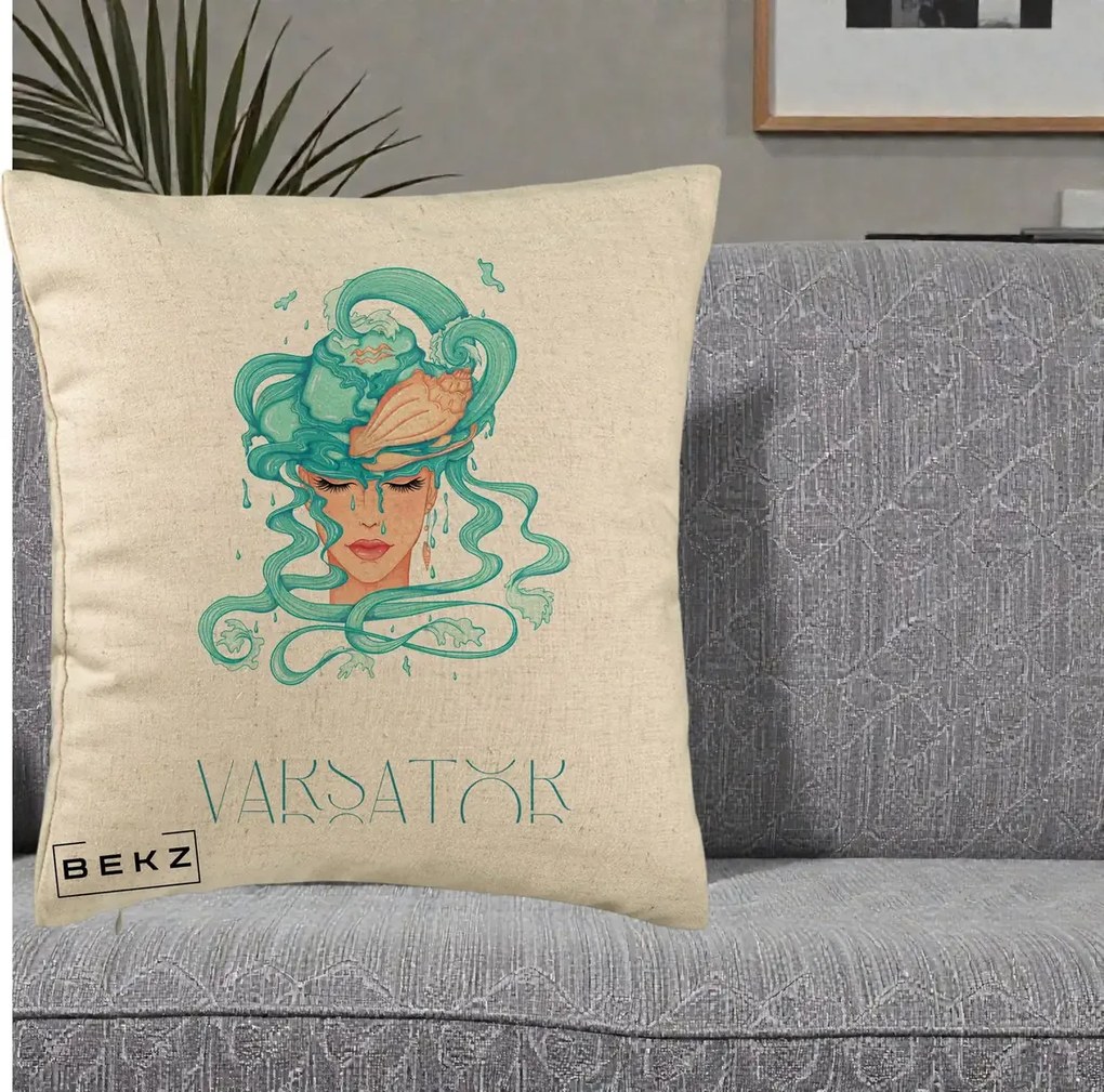 Perna Personalizata Zodiac Varsator Cowgirl, 40x40 cm, Bej, Husa Detasabila, Perna Inclusa, BEKZ®
