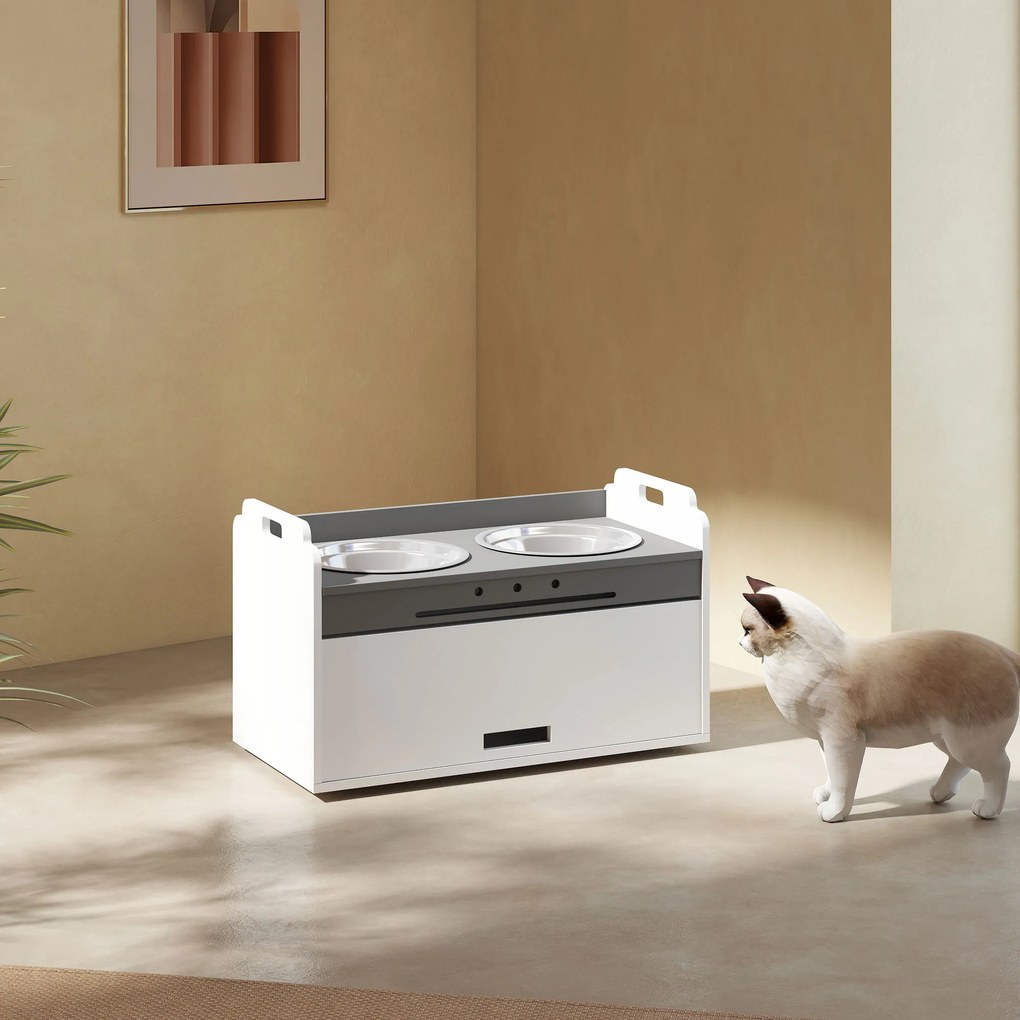 PawHut Bol pentru câini ridicat cu dulap de depozitare, 2 boluri cu inele antiderapante, 60 x 30 x 35,5 cm, Alb | Aosom Romania