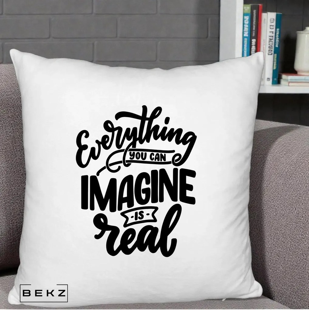 Perna Decorativa Everything You Can Imagine Is Real, 40x40 cm, Alb Pufos, Husa Detasabila, Perna Inclusa, BEKZ®