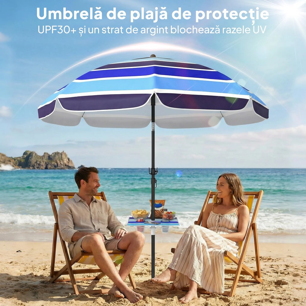 Outsunny Umbrelă de Plajă cu Măsuță și Suport pentru Pahare, din Metal și Poliester, Ø198x214 cm, Multicolor | Aosom Romania