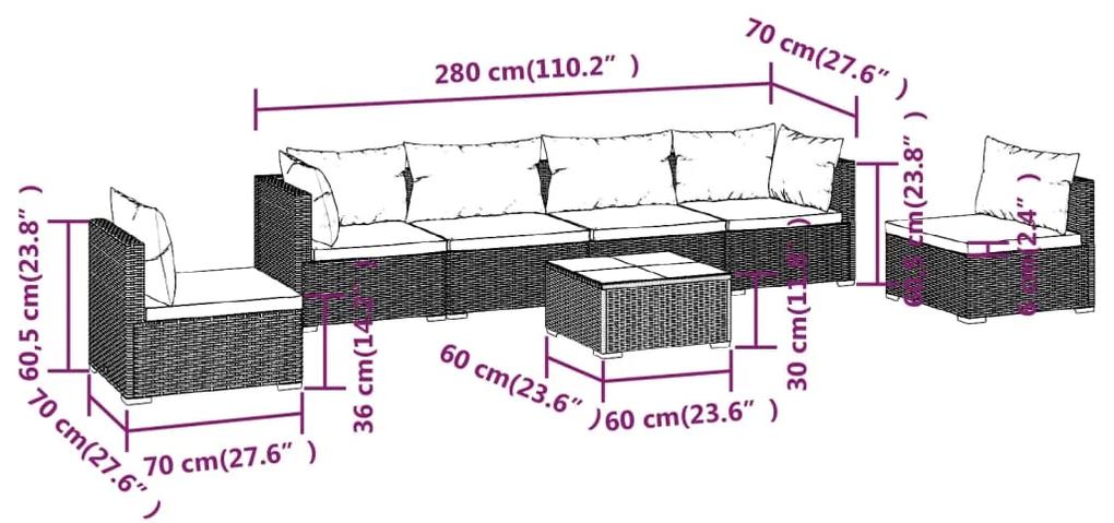Set mobilier de gradina cu perne, 7 piese, maro, poliratan maro si crem, 2x colt + 4x mijloc + masa, 1