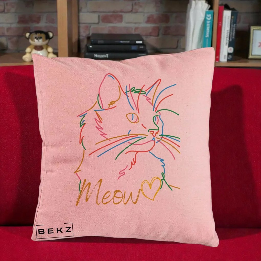 Perna Personalizata Pisica Meow Arta Linie Colorata, 40x40 cm, Roz, Husa Detasabila, Perna Inclusa, BEKZ®