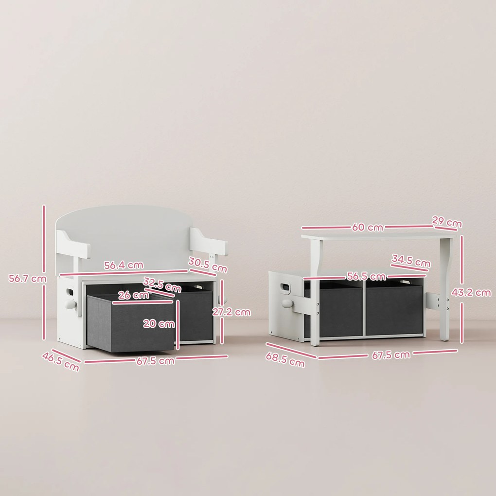 AIYAPLAY Cufăr de jucării pentru copii 3 în 1, set masă și scaune cu 2 coșuri textile detașabile, 67,5 x 46,5 x 56,7 cm, alb | Aosom Romania