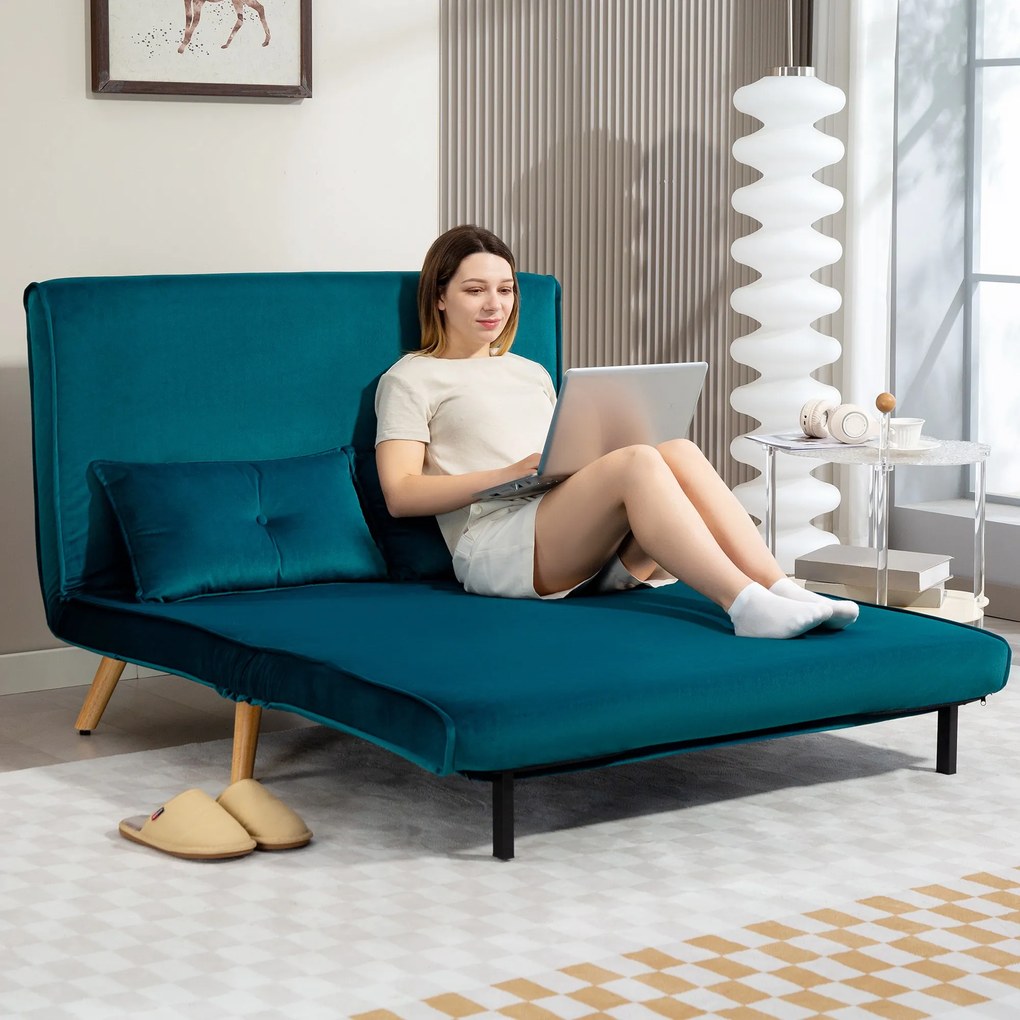 HOMCOM Canapea extensibila pentru 2 persoane, canapea pat, spatiu pentru dormit, spatar reglabil, husa din material textil, structura metalica, Verde | Aosom Romania