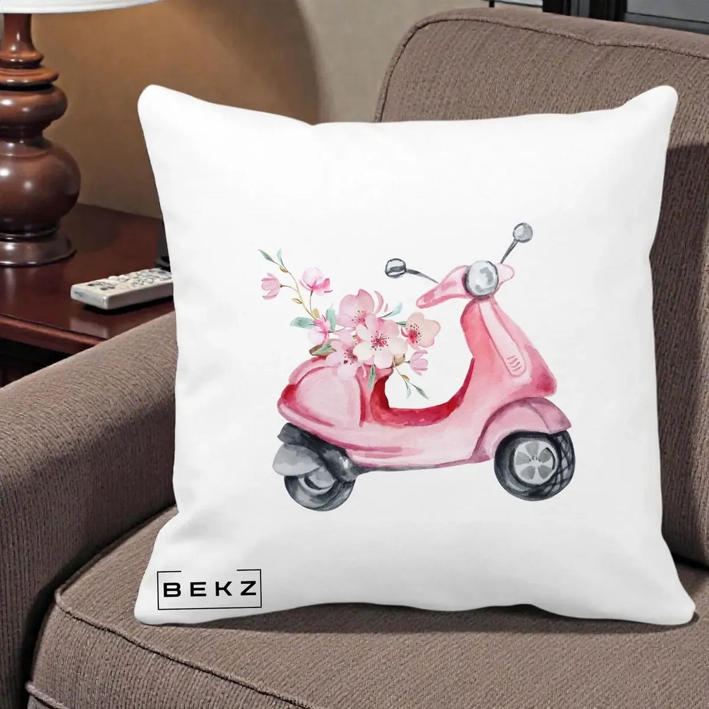 Perna Decorativa Scuter Roz cu Flori Acuarela, 40x40 cm, Alba Mata, Husa Detasabila, Perna Inclusa, BEKZ®