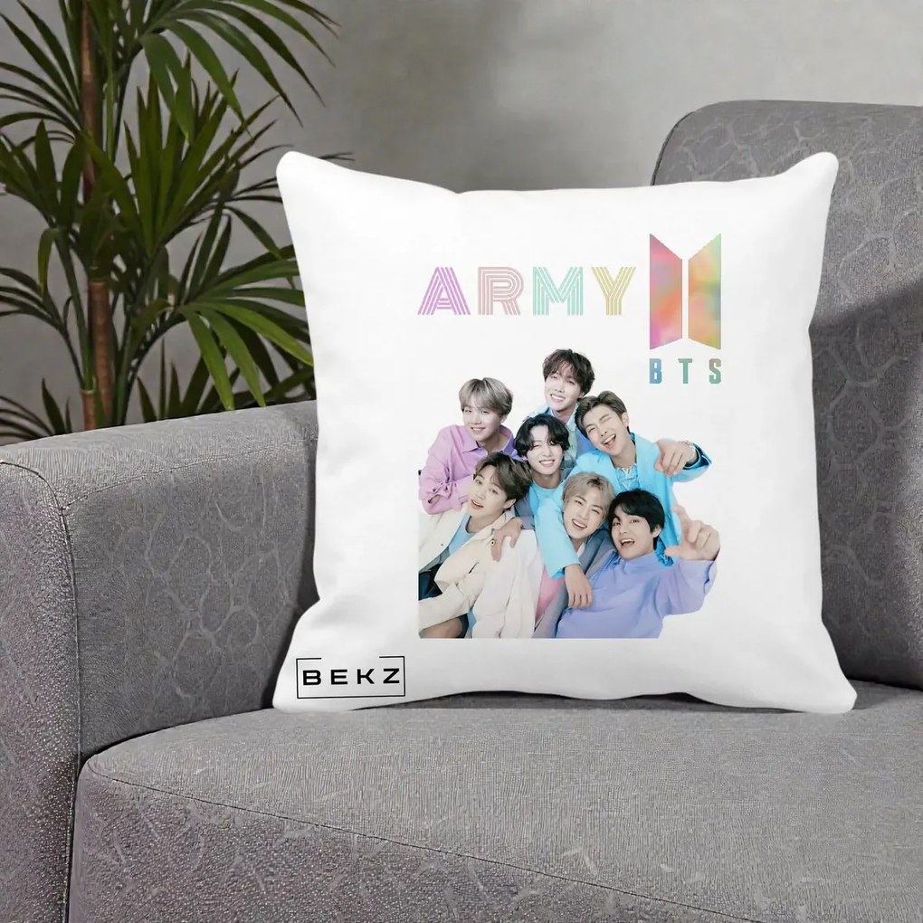 Perna Personalizata K-pop BTS ARMY Fotografie Grup Veseli, 40x40 cm, Alba Mata, Husa Detasabila, Perna Inclusa, BEKZ®