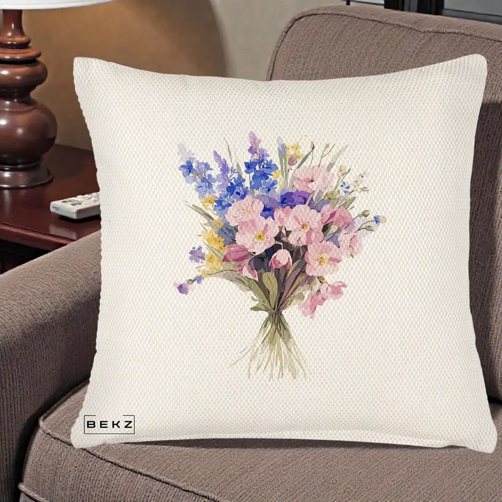 Perna Decorativa Buchet Floral Acuarela Primavara, 40x40 cm, Crem Reliefat, Husa Detasabila, Perna Inclusa, BEKZ®