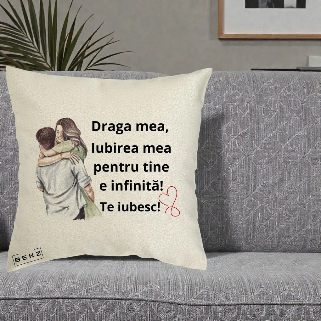 Cadou pentru Iubita - Perna Personalizata Draga Mea Iubirea Mea Infinita Te Iubesc cu Cuplu Acuarela, 40x40 cm, Ecru, Husa Detasabila, Perna Inclusa, BEKZ®