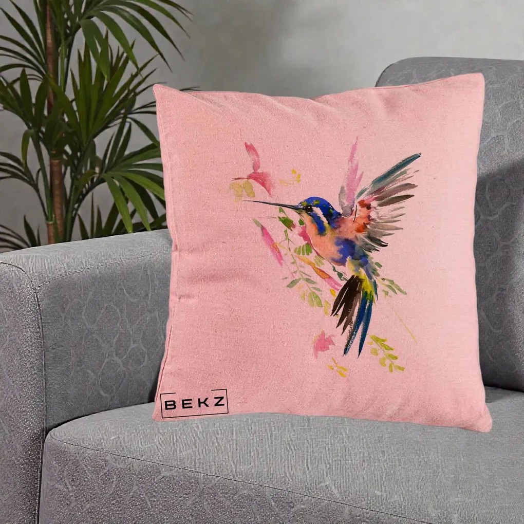 Perna Decorativa Colibri Acuarela, 40x40 cm, Roz, Husa Detasabila, Perna Inclusa, BEKZ®